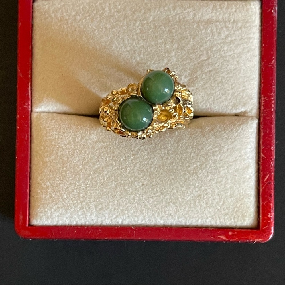 Vintage NOS 18K Electroplated Ring • Nephrite Jade Cabochons • Size 6.5